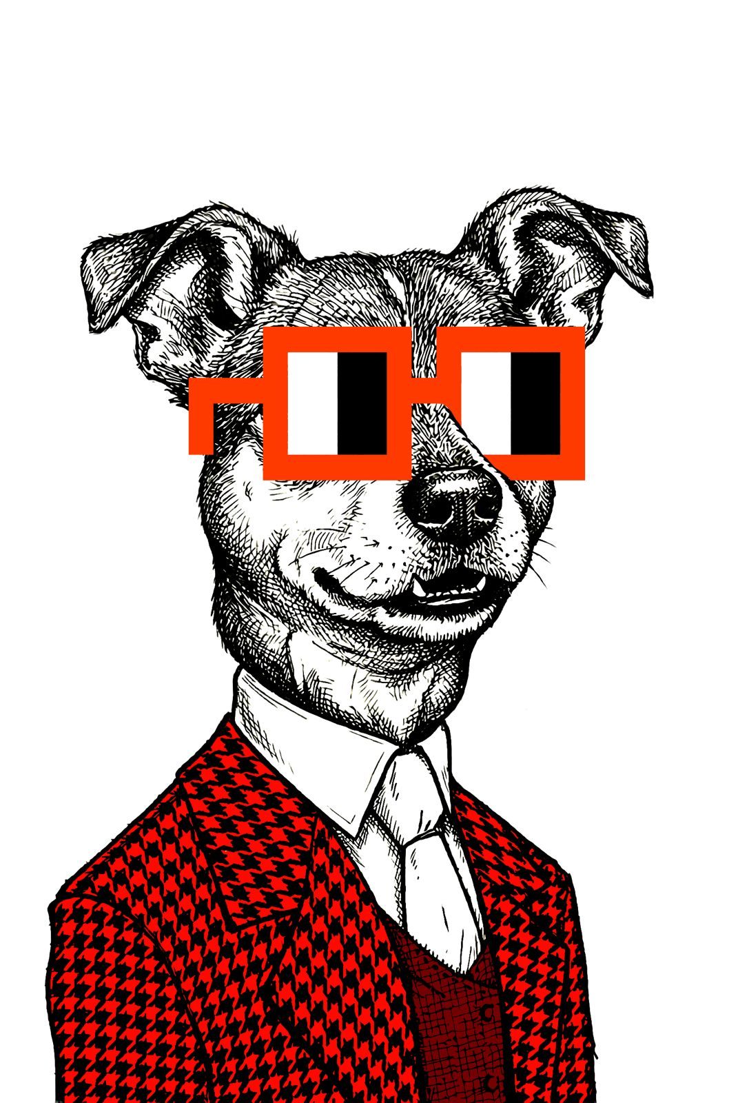 Illustrated dog in a red houndstooth jacket and orange glasses